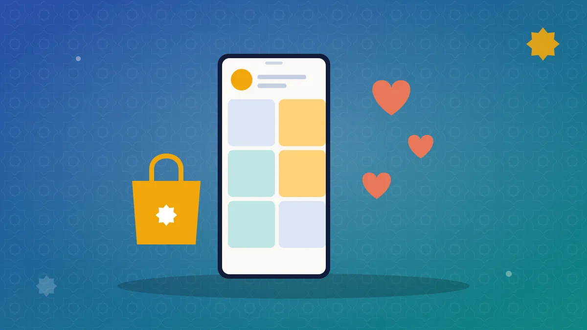 Smartfon ekranida do'kon sahifasi: postlar, yurakchalar va xarid sumkasi